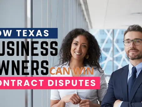 Two professionals smiling in an office setting. Text: How Texas Business Owners Can Win Contract Disputes. Bright, confident mood.