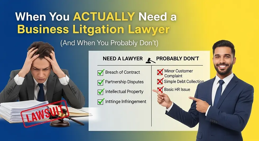 Diagram illustrating when to hire a business litigation lawyer, showing a stressed business owner on the left (with a "LAWSUIT" stamp) and a smiling lawyer on the right pointing to a checklist detailing major issues (Breach of Contract) versus minor concerns (Basic HR Issue).