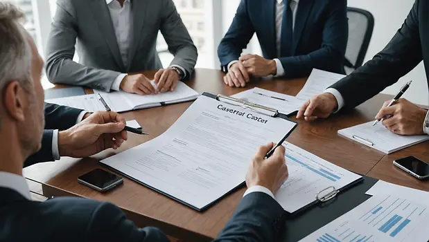 Three Businessman Sitting in a conferance room and discussing on a contract