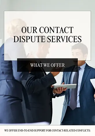 Businesspeople in suits discuss, holding documents and a tablet. Text: "OUR CONTACT DISPUTE SERVICES, WHAT WE OFFER" in offic