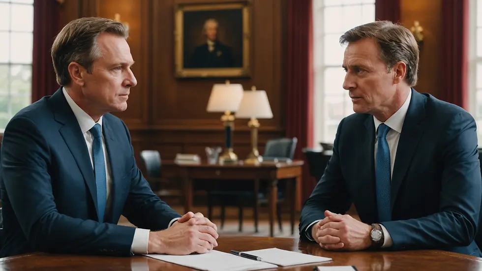 Eye-level view of two leaders discussing a merger issue