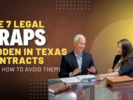 Two people discuss contracts at a table with documents. Text: "The 7 Legal Traps Hidden in Texas Contracts." Brown and yellow background.