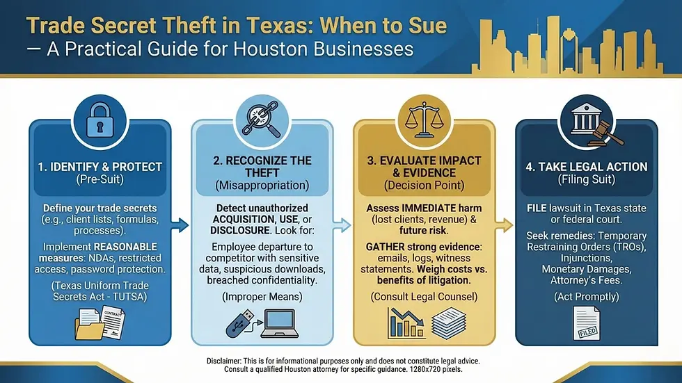 Infographic detailing the four steps for addressing "Trade Secret Theft in Texas," which include identifying and protecting assets, recognizing misappropriation, evaluating impact, and taking legal action. The blue and gold chart features icons for each step: a padlock, a magnifying glass over a broken chain, scales of justice, and a courthouse.