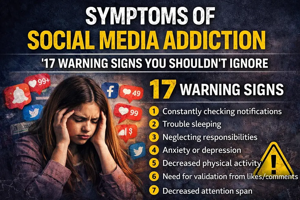 A worried woman holds her head, surrounded by social media icons. Text lists symptoms of social media addiction, highlighting 17 warning signs.