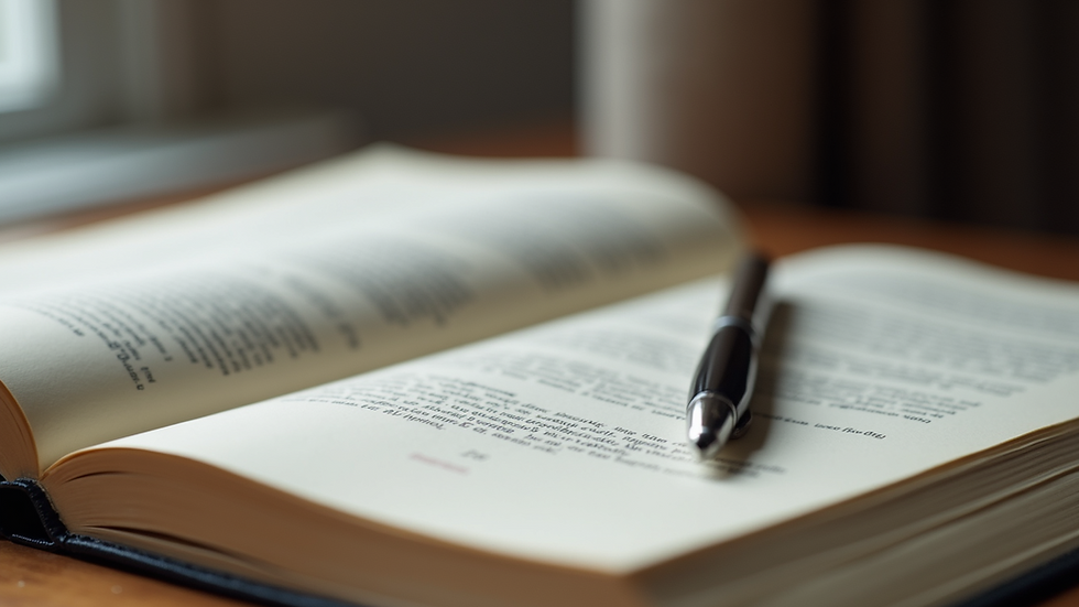 Eye-level view of a legal book opened with a pen beside it