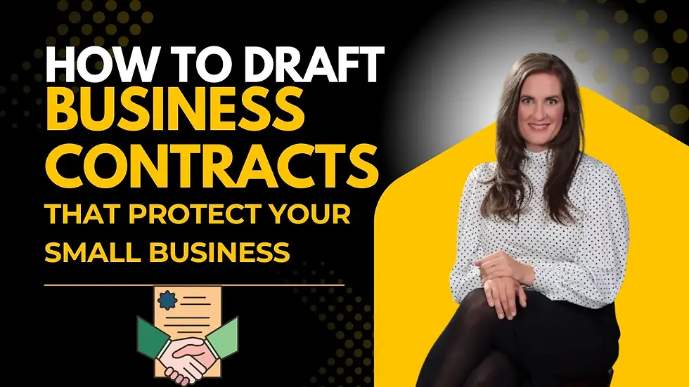 Woman sitting with a confident smile, wearing a polka dot blouse against a yellow and black background. Text: "How to Draft Business Contracts."