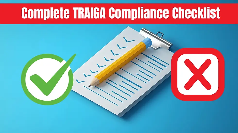 Checklist with yellow pencil on blue background. Green check and red cross symbols. Text: Complete TRAIGA Compliance Checklist.