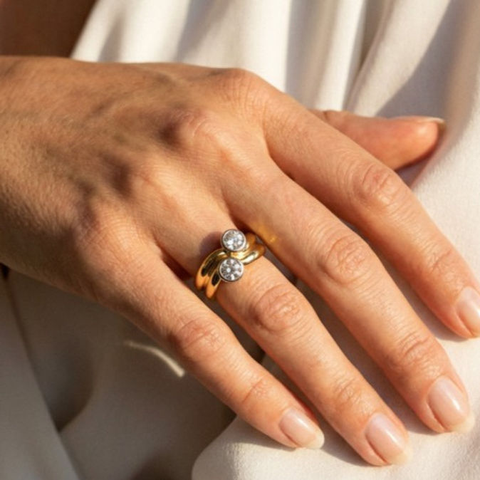 Diamond yellow gold engagement and wedding ring crafted by hand