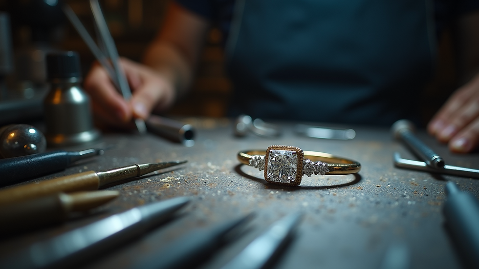 Eye-level view of a jeweller’s workbench with tools and diamond jewellery in progress