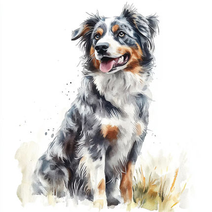 Watercolor painting of a sitting Australian Shepherd dog on white background