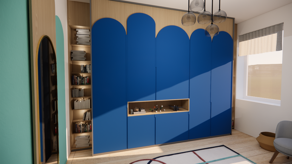 Chambre bleu, dressing aux formes arrondies en bois clair