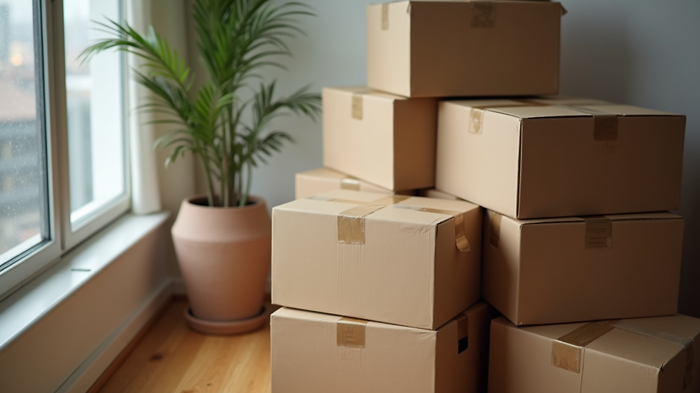 High angle view of neatly packed moving boxes stacked in a Toronto apartment