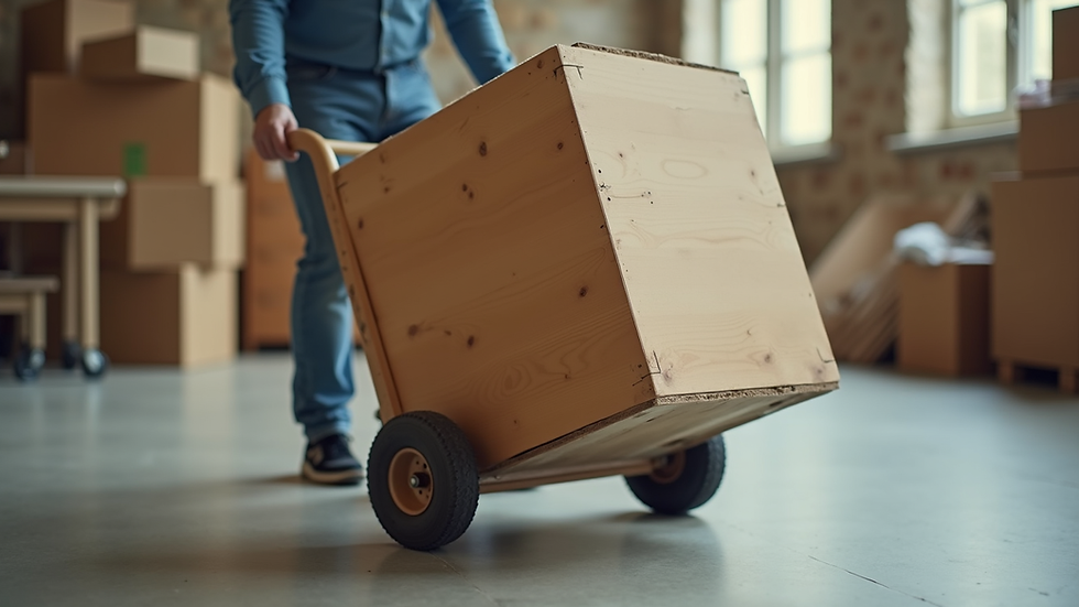 Eye-level view of a dolly carrying a heavy wooden cabinet