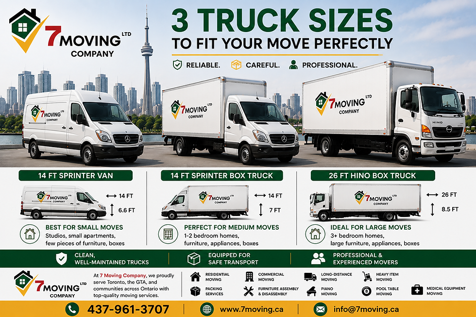 Moving tips in Ontario by 7 Moving Company showing Mercedes Sprinter van, 16 ft Hino truck and 26 ft Hino truck