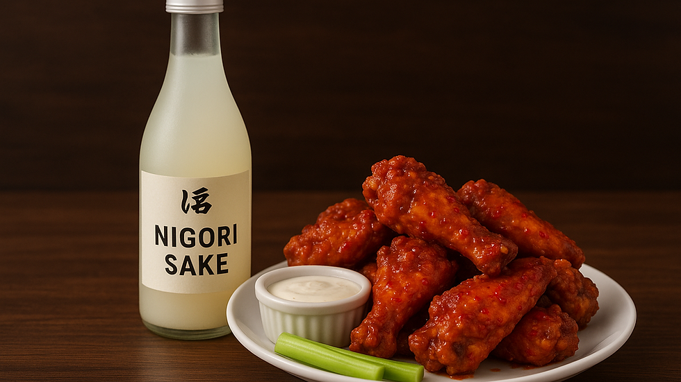 nigori sake paired with spicy chicken wings
