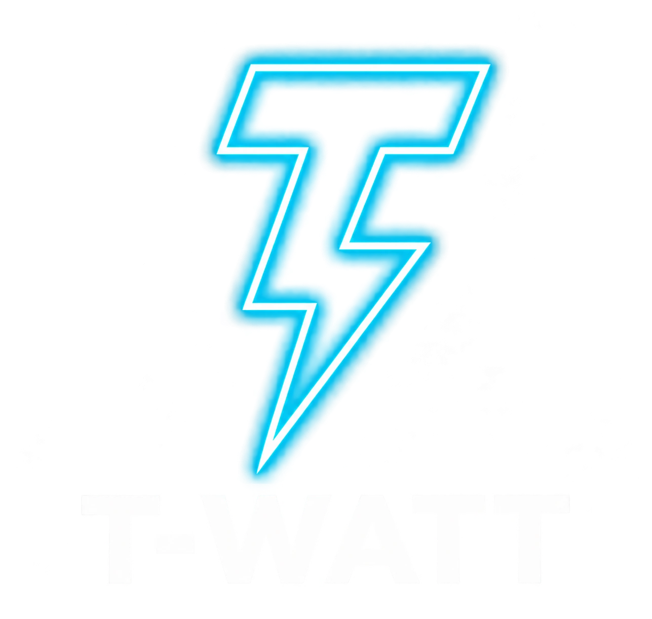 T-WATT sähköpalveluiden logo, turkoosi salamanmuotoinen T-kirjain mustalla taustalla.