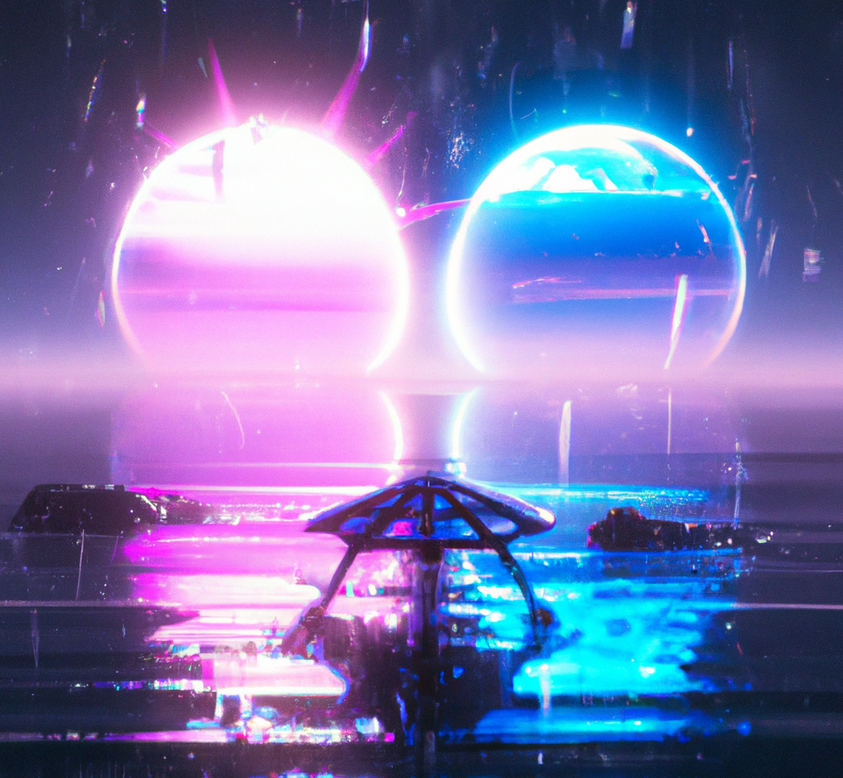 DALL·E 2022-11-25 16.18.09 - A synthwave style two planets colliding above the reflecting 
