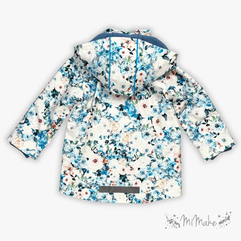 Miniaturbild: Handgefertigte Softshelljacke Gr. 98 AquaRoses von MiMake – Rückansicht mit blauer Reflektorpaspel und Reflektor