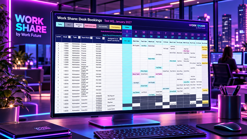 Work Share desk booking Excel template showing a month of desk bookings in Excel for the web