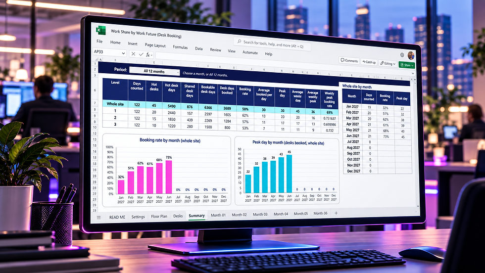 Work Share Summary tab showing desk booking rates and peak days by level and month, with two charts