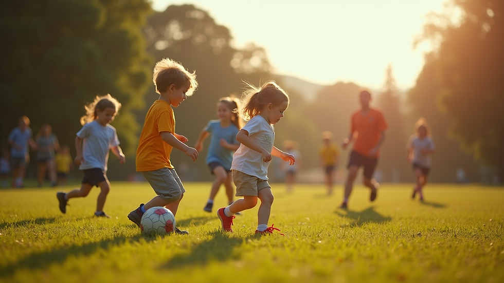 Eye-level view of a family playing soccer in a park