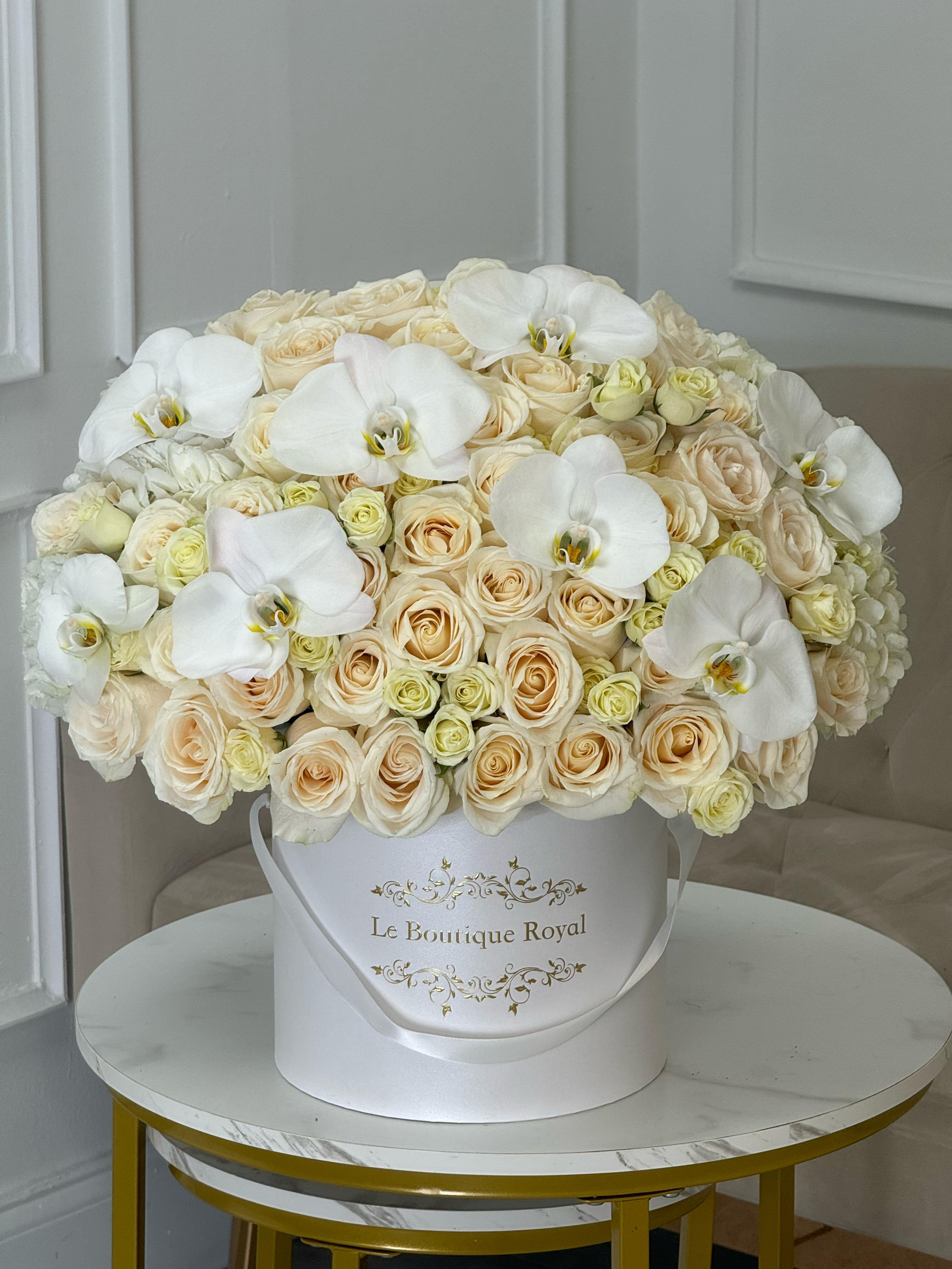 Elegant White Orchids in Signature Box – Luxury Flower Arrangement Miami | Le Boutique Royal