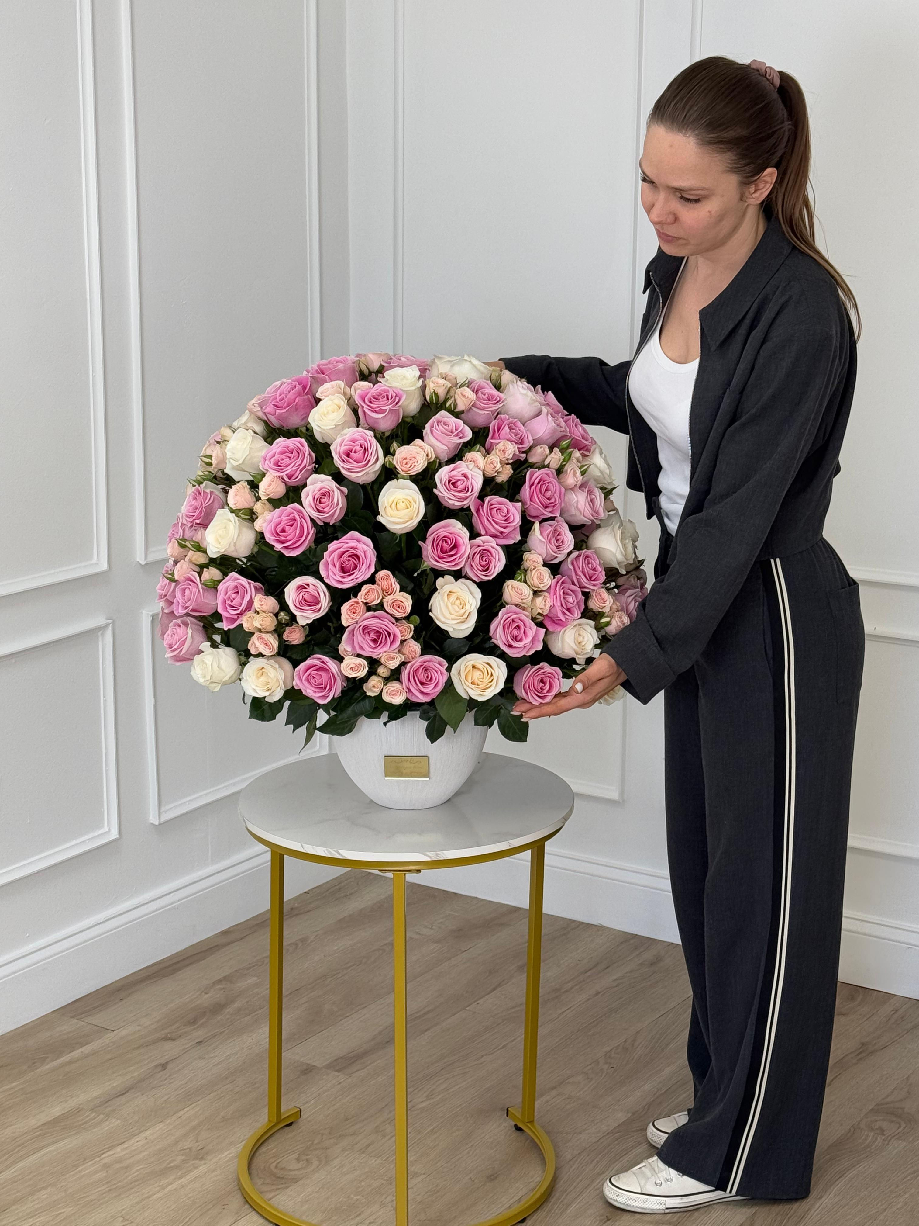Pink and White Roses in Elegant Vase