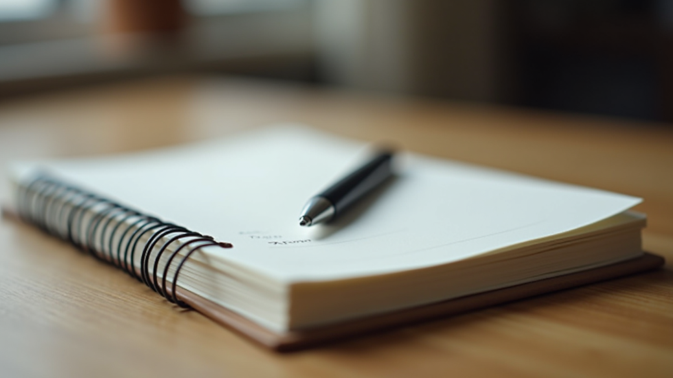 Close-up view of a notebook with a pen on a wooden table