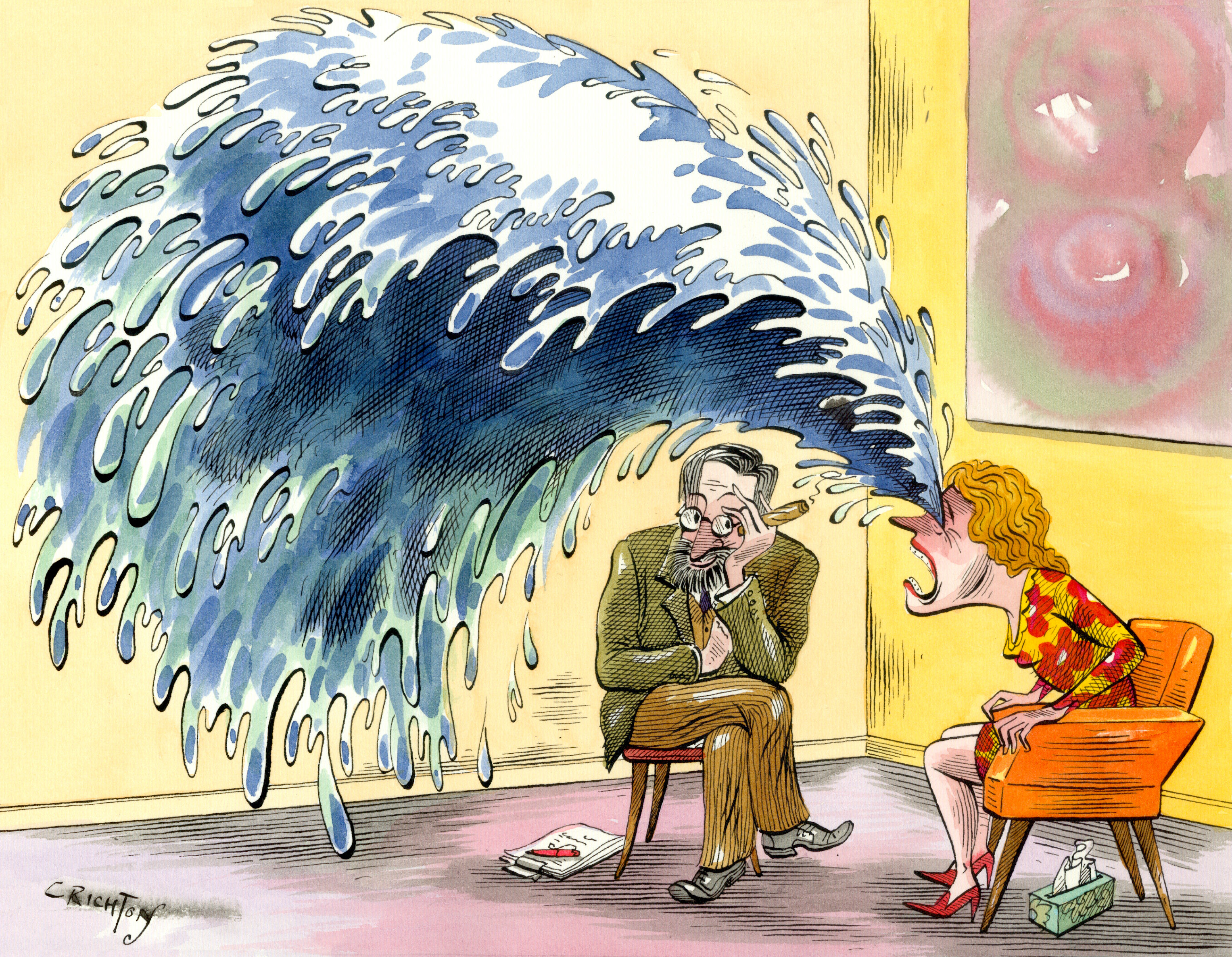 Woman crying in therapy with Freud