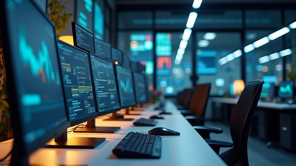 Eye-level view of a modern office workspace with multiple computer screens showing automation software