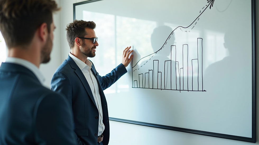 Eye-level view of a business consultant presenting growth strategies on a whiteboard