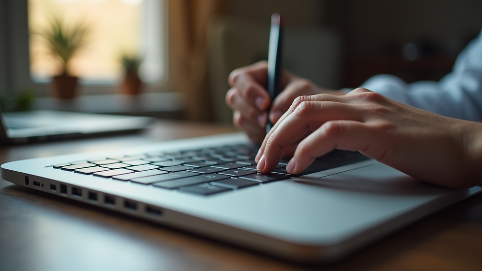 Close-up view of a person writing a blog post on a laptop