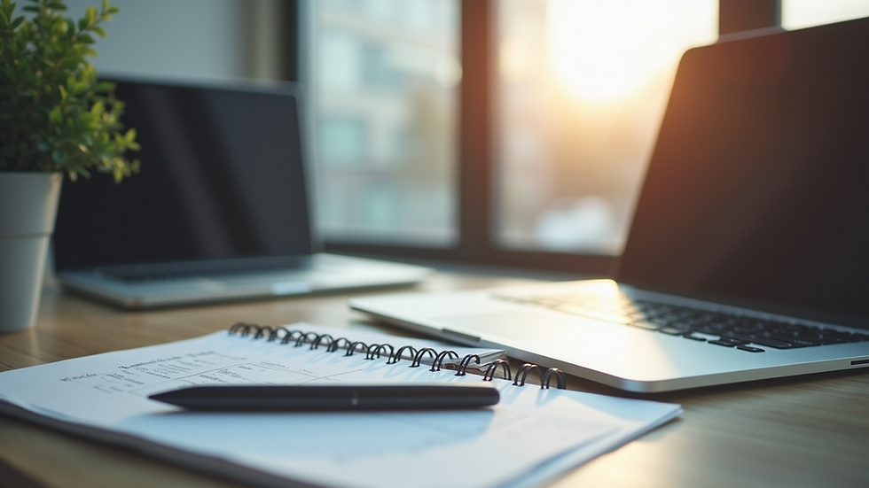 Eye-level view of a modern office workspace with a laptop and notes