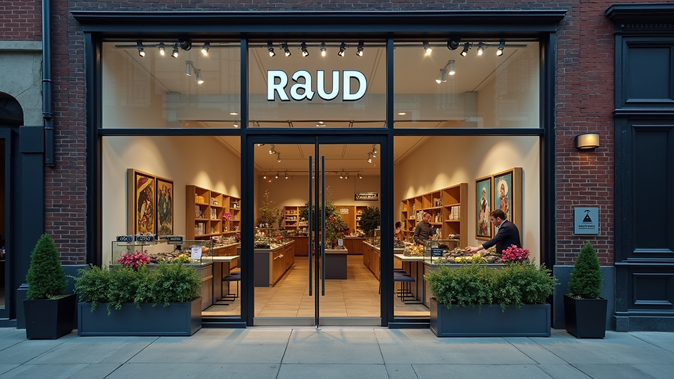 High angle view of a branded storefront with clear signage