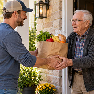 Neighbor handing a bag of groceries to an elderly man on his front porch