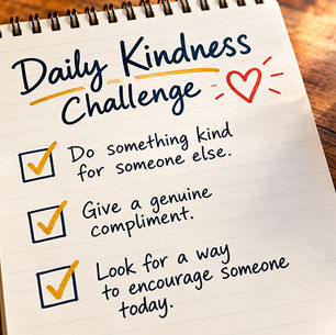 Handwritten checklist with three boxes ticked, a daily kindness challenge