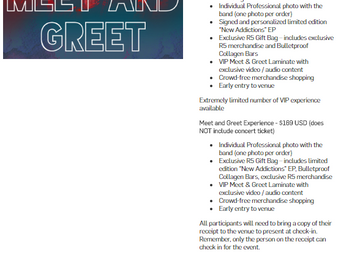 Entradas, Meet and Greet y Membresía de Fan club 2017
