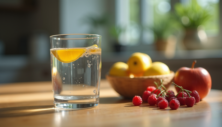 Eye-level view of a glass of water on a wooden table with fresh fruits nearby