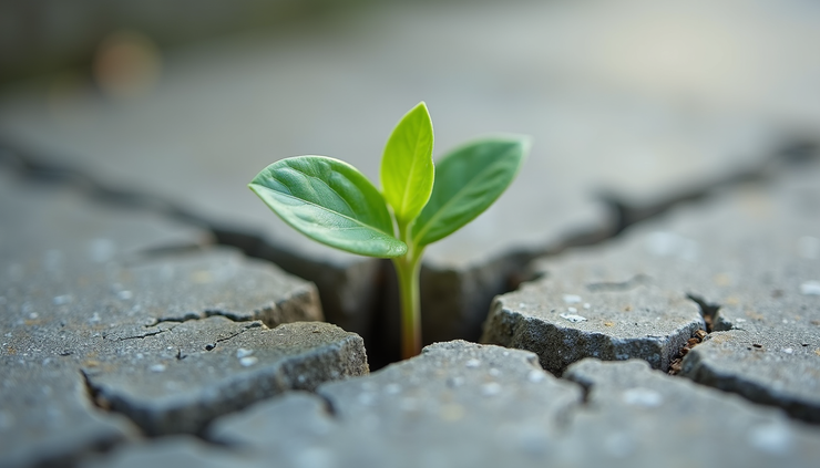 Eye-level view of a small plant growing through cracks in concrete