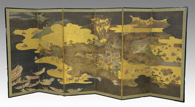 apanese Byobu 6-panel painted screen, decorated with extensive and detailed battle scenes