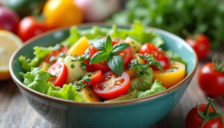Close-up of a colorful summer salad bowl with fresh vegetables and herbs