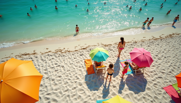 High angle view of a family enjoying a sunny beach day with colorful umbrellas and towels
