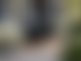 Black chairs on a porch with white hydrangeas in metal pots, against a dark blue house. Sunny greenery surrounds, creating a peaceful vibe.