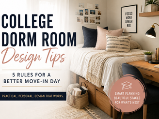 Stylish college dorm room with bed, desk, lamp and wall photos; text: College Dorm Room Design Tips, 5 Rules for a Better Move-In Day