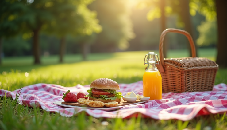 Eye-level view of a picnic setup with colorful blankets and summer snacks in a sunny park