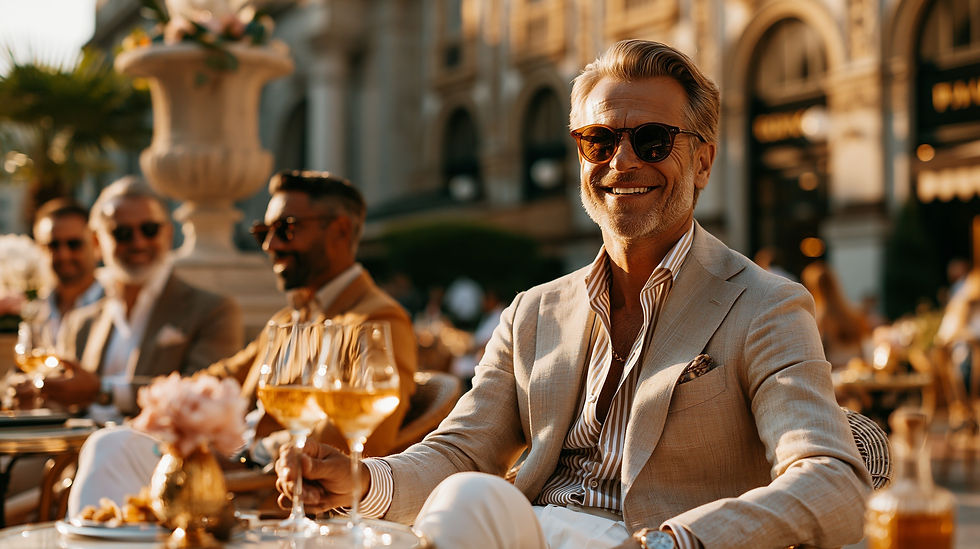 Stylish mature man in a light linen blazer and sunglasses enjoying wine with friends at an upscale outdoor café during golden hour, conveying sophistication, confidence, and luxury living.