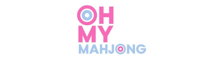 Bold text "OH MY MAHJONG" in pink and blue on a white background. Letters contain circular patterns, creating a playful and modern feel.