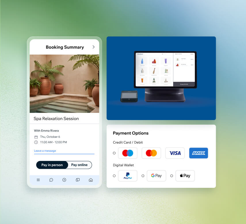 Booking summary for a spa session with flexible payment options including credit cards, PayPal, Google Pay, and Apple Pay alongside a POS terminal