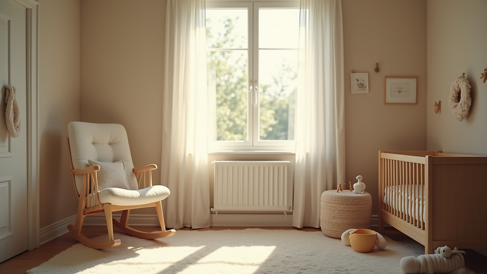 Eye-level view of a cozy nursery with soft lighting and a rocking chair
