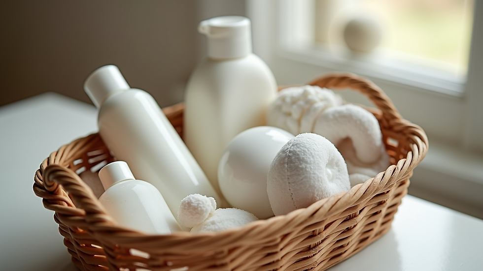 High angle view of a small basket with baby care essentials